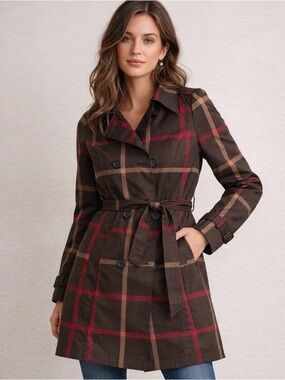 Water Repellent Plaid Belted Trench Coat in Dark Brown